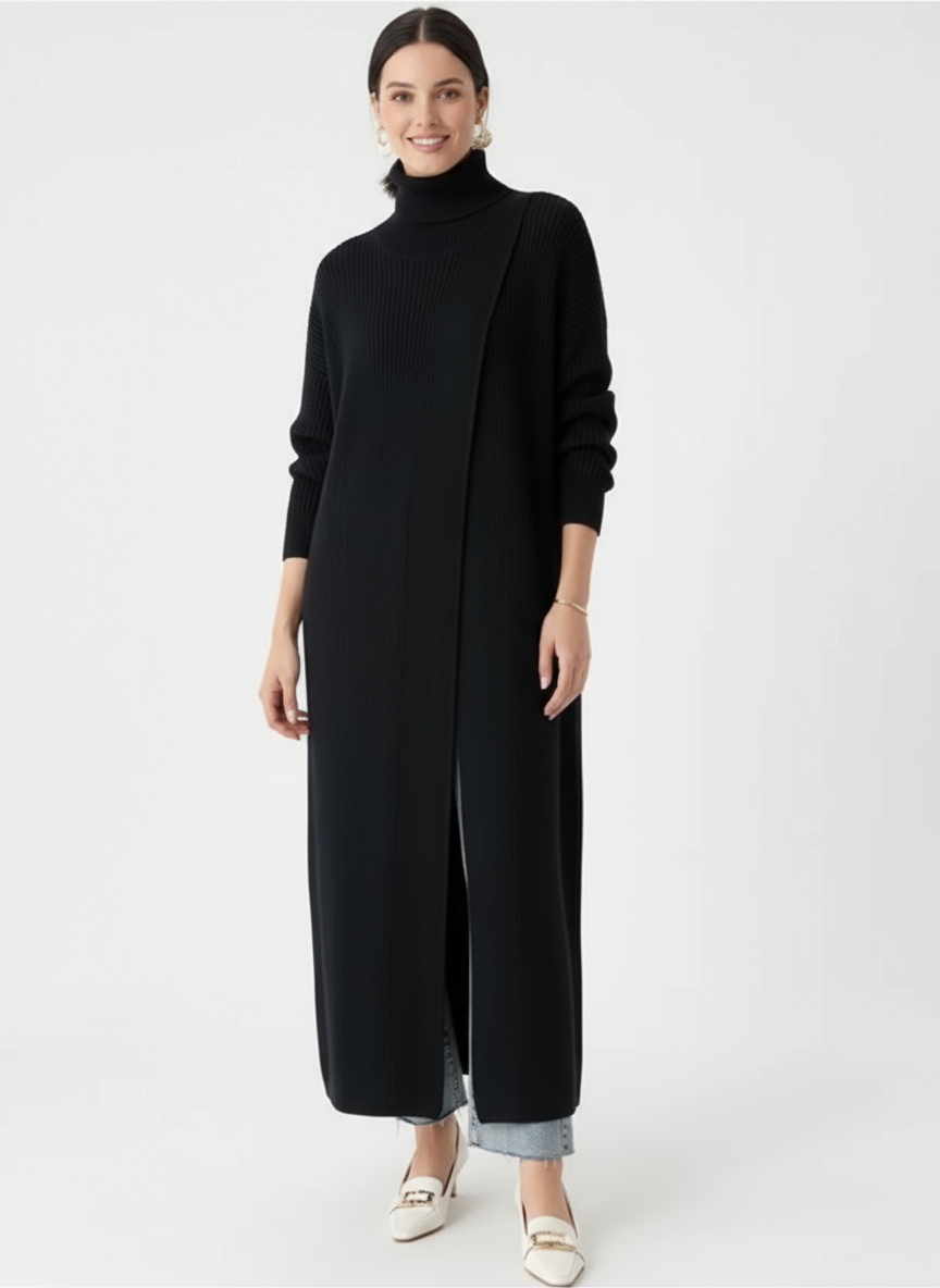 Asymmetrical Split Turtleneck Pullover - Oversized Fit, Cozy Winter Essential-SimpleModerne