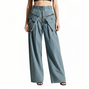 Vintage Wide-Leg Maxi Pocket Blue Jeans with Zipper Closure-SimpleModerne