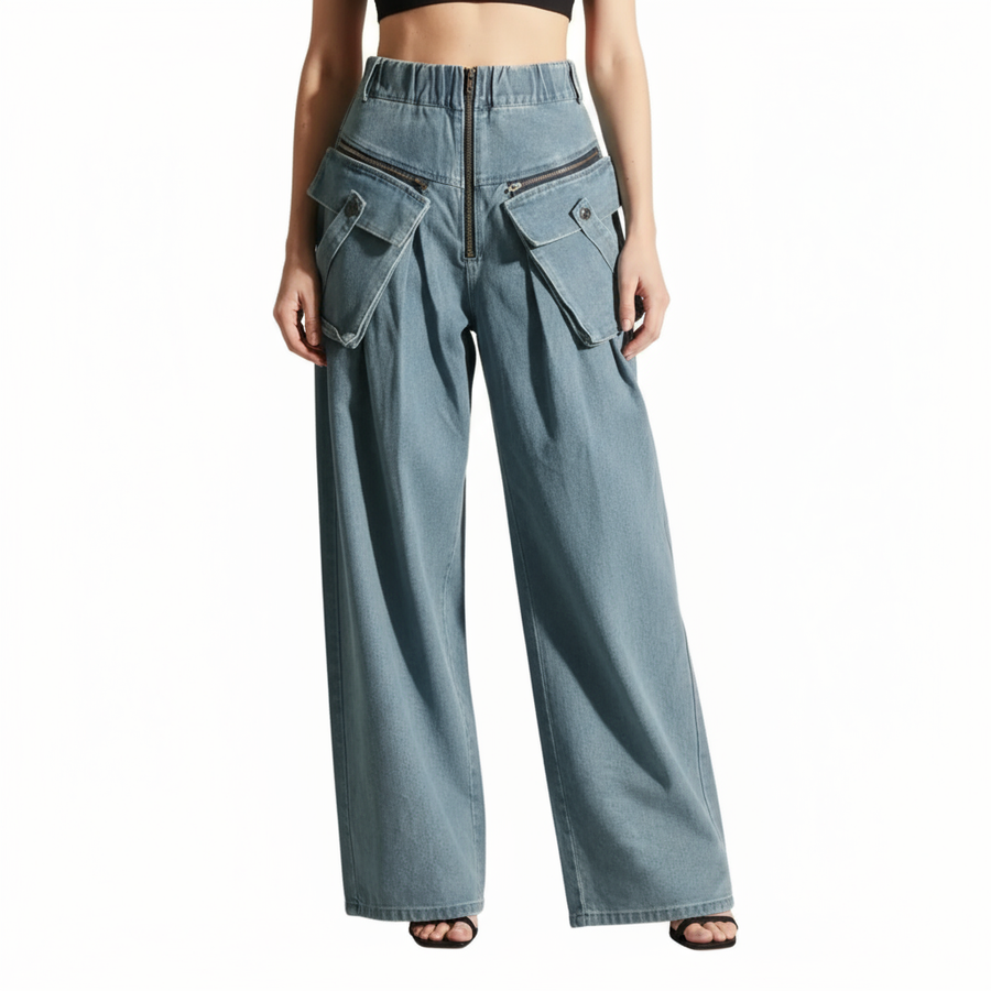 Vintage Wide-Leg Maxi Pocket Blue Jeans with Zipper Closure-SimpleModerne