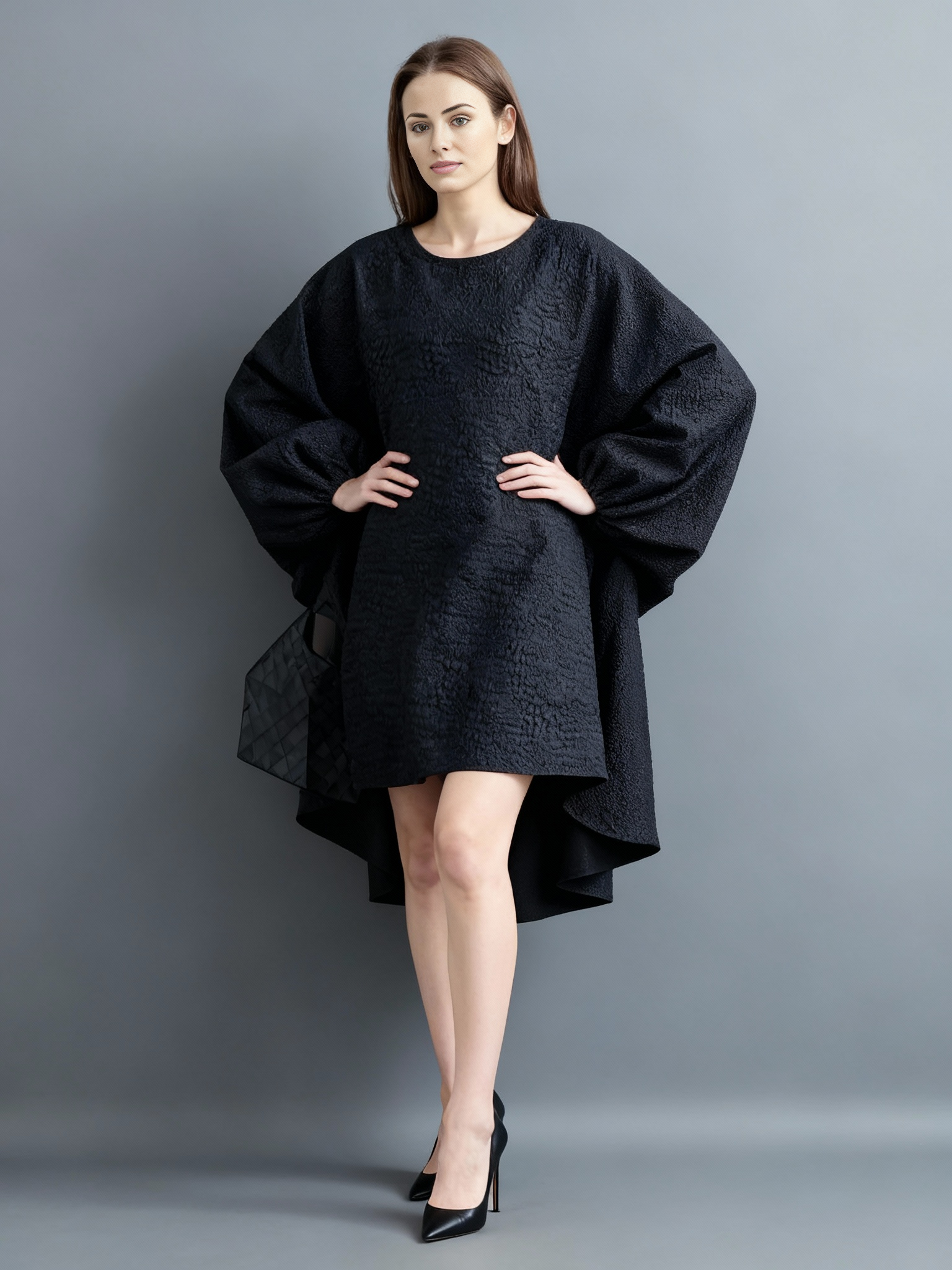 Oversized Lantern Sleeve Dress with Asymmetrical Hemline – Gothic Inspired Minimalism-SimpleModerne