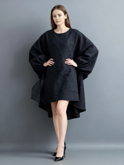 Oversized Lantern Sleeve Dress with Asymmetrical Hemline – Gothic Inspired Minimalism-SimpleModerne