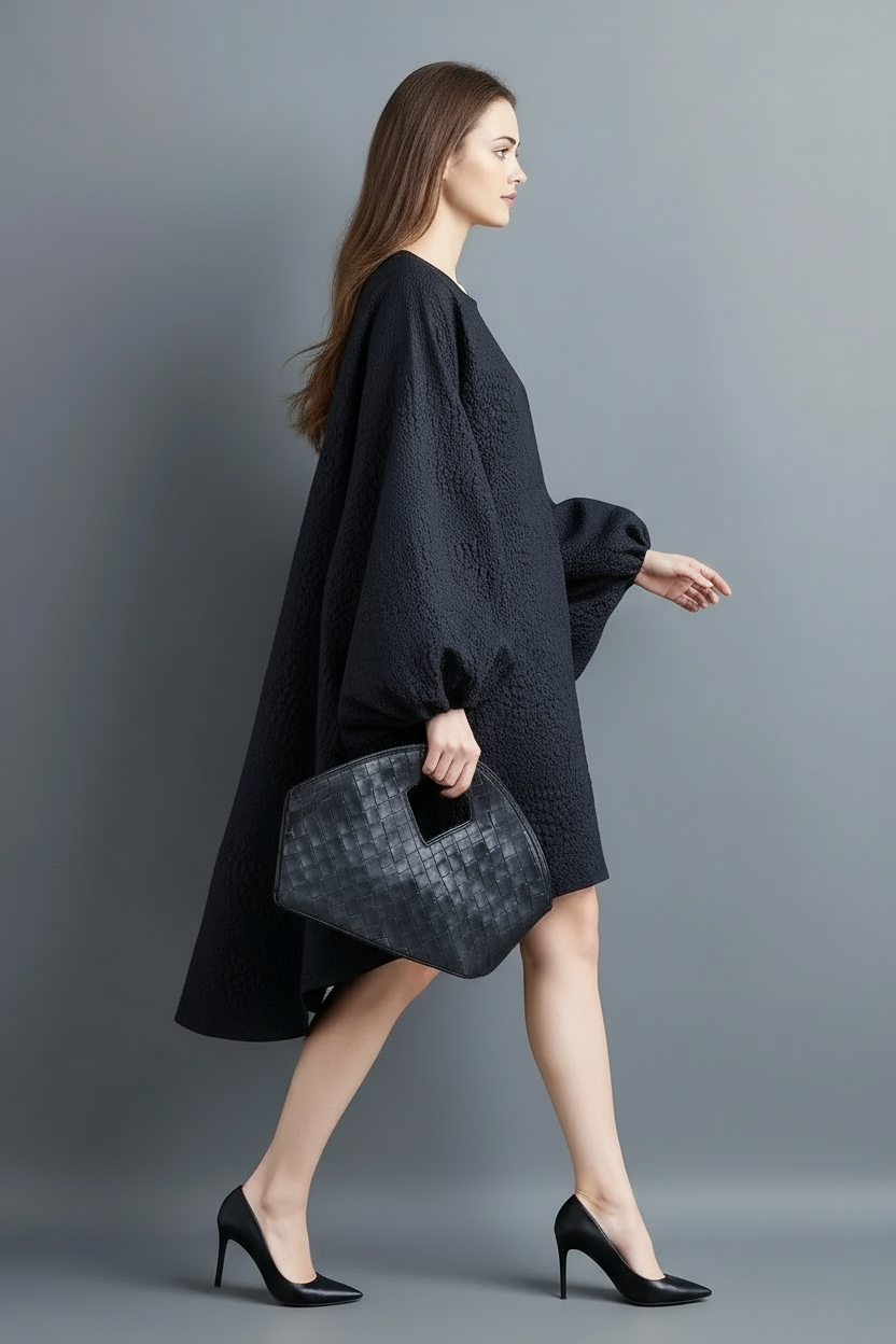 Oversized Lantern Sleeve Dress with Asymmetrical Hemline – Gothic Inspired Minimalism-SimpleModerne