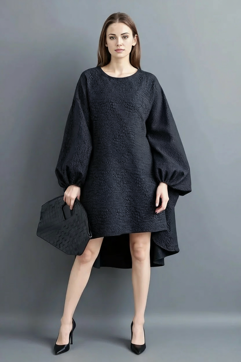 Oversized Lantern Sleeve Dress with Asymmetrical Hemline – Gothic Inspired Minimalism-SimpleModerne