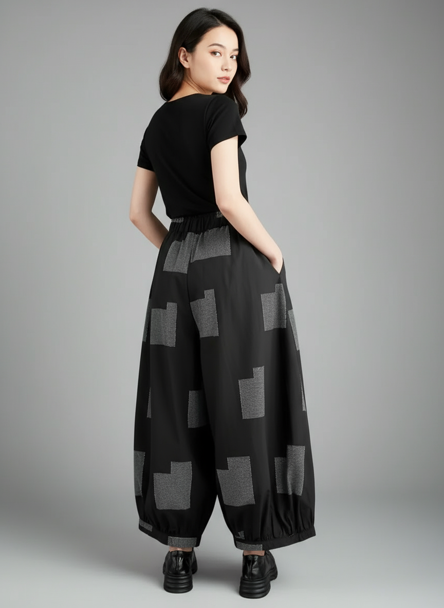 Punky Patchwork Wide-Leg Capri Pants – Cropped Statement Trousers-SimpleModerne