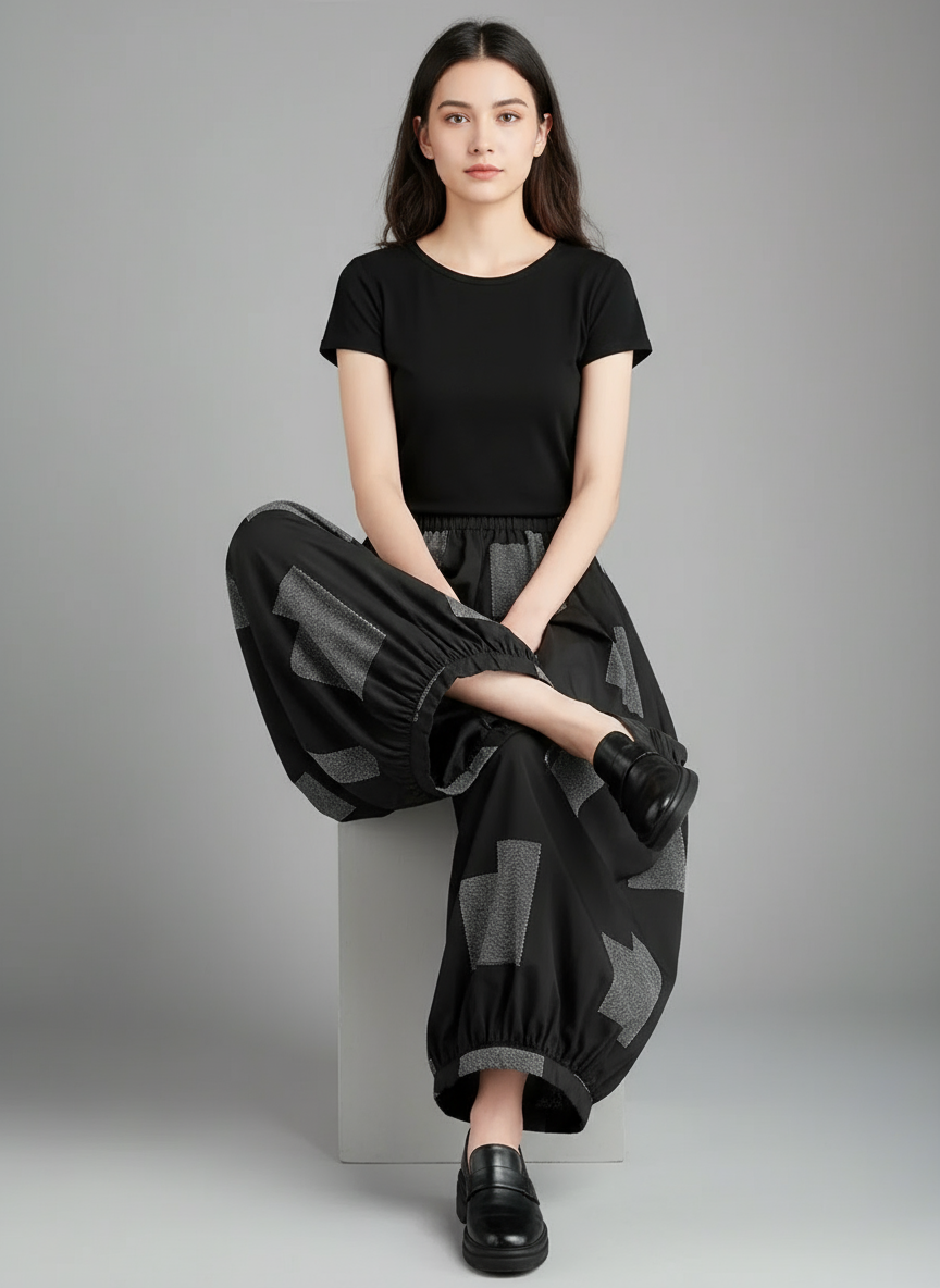 Punky Patchwork Wide-Leg Capri Pants – Cropped Statement Trousers-SimpleModerne