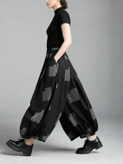 Punky Patchwork Wide-Leg Capri Pants – Cropped Statement Trousers-SimpleModerne