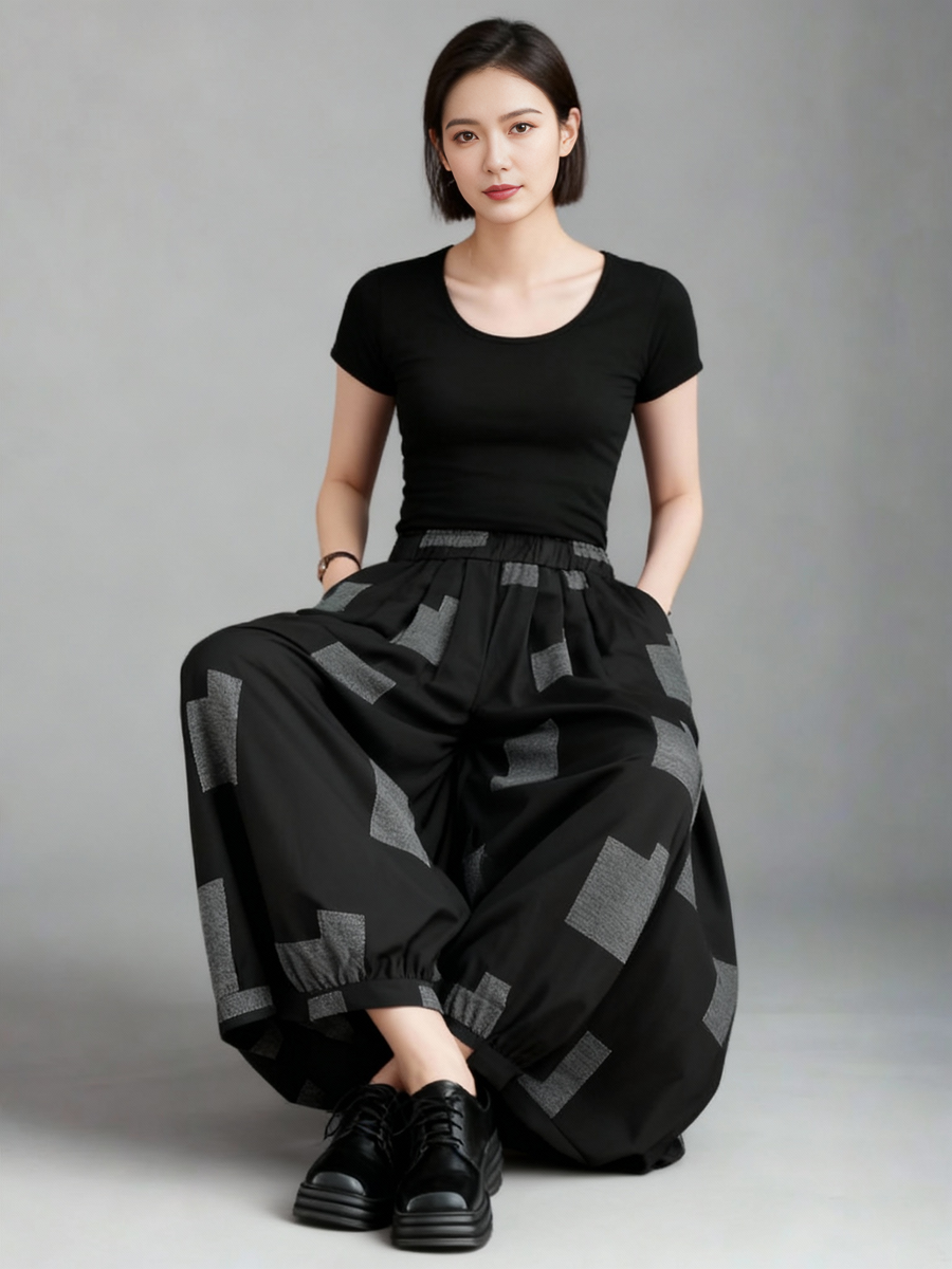 Punky Patchwork Wide-Leg Capri Pants – Cropped Statement Trousers-SimpleModerne