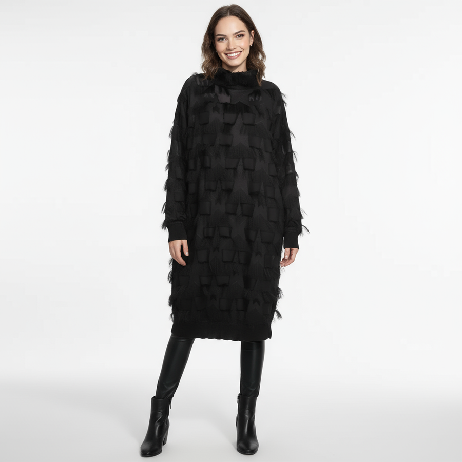 Edgy Sheer Pullover Dress with Side Splits and Textured Star Details-SimpleModerne