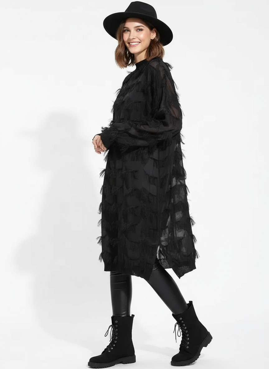 Edgy Sheer Pullover Dress with Side Splits and Textured Star Details-SimpleModerne