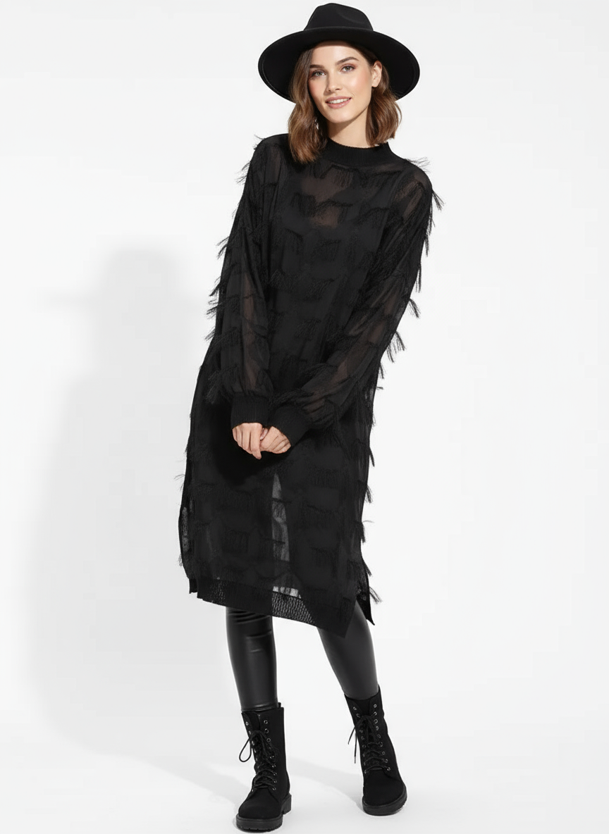 Edgy Sheer Pullover Dress with Side Splits and Textured Star Details-SimpleModerne