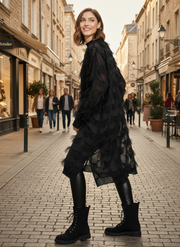 Edgy Sheer Pullover Dress with Side Splits and Textured Star Details-SimpleModerne