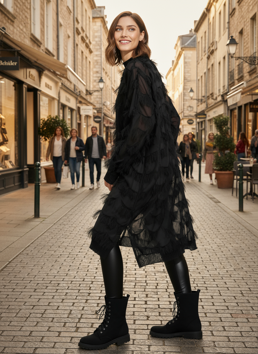 Edgy Sheer Pullover Dress with Side Splits and Textured Star Details-SimpleModerne