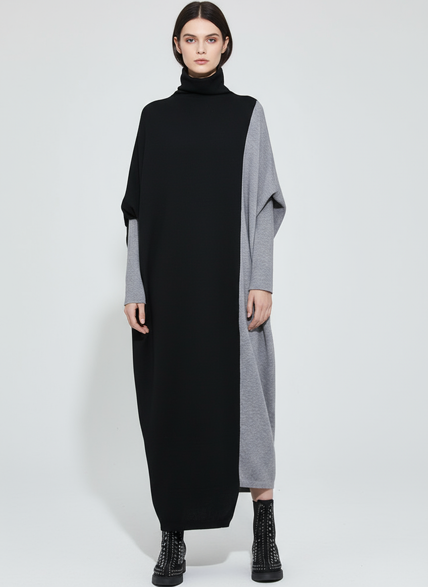 Oversized Knit Pullover Dress – Colorblock Black & Grey | Casual Minimal Goth-SimpleModerne