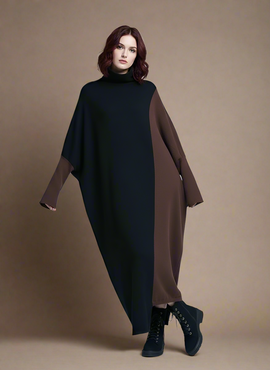 Oversized Coffee Brown & Black Colorblock Knit Maxi Pullover Dress – Asymmetrical Turtleneck Statement-SimpleModerne