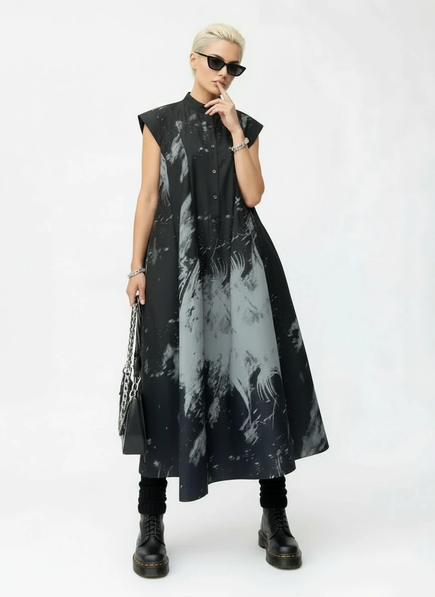 Gothic Sleeveless Tie-Dye Print Dress with Mandarin Collar-SimpleModerne