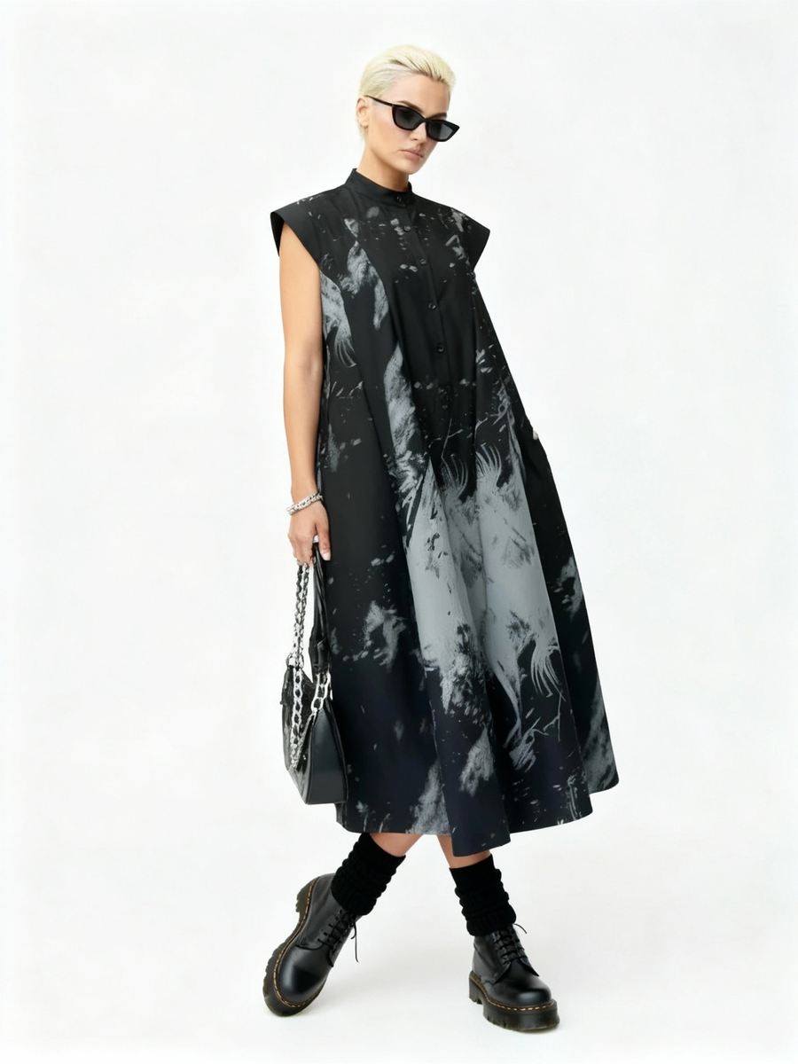 Gothic Sleeveless Tie-Dye Print Dress with Mandarin Collar-SimpleModerne