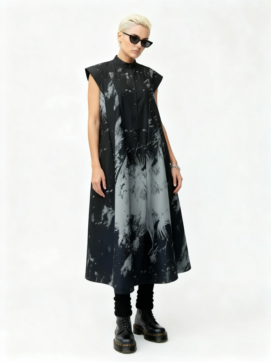 Gothic Sleeveless Tie-Dye Print Dress with Mandarin Collar-SimpleModerne