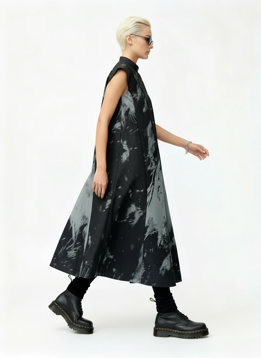 Gothic Sleeveless Tie-Dye Print Dress with Mandarin Collar-SimpleModerne