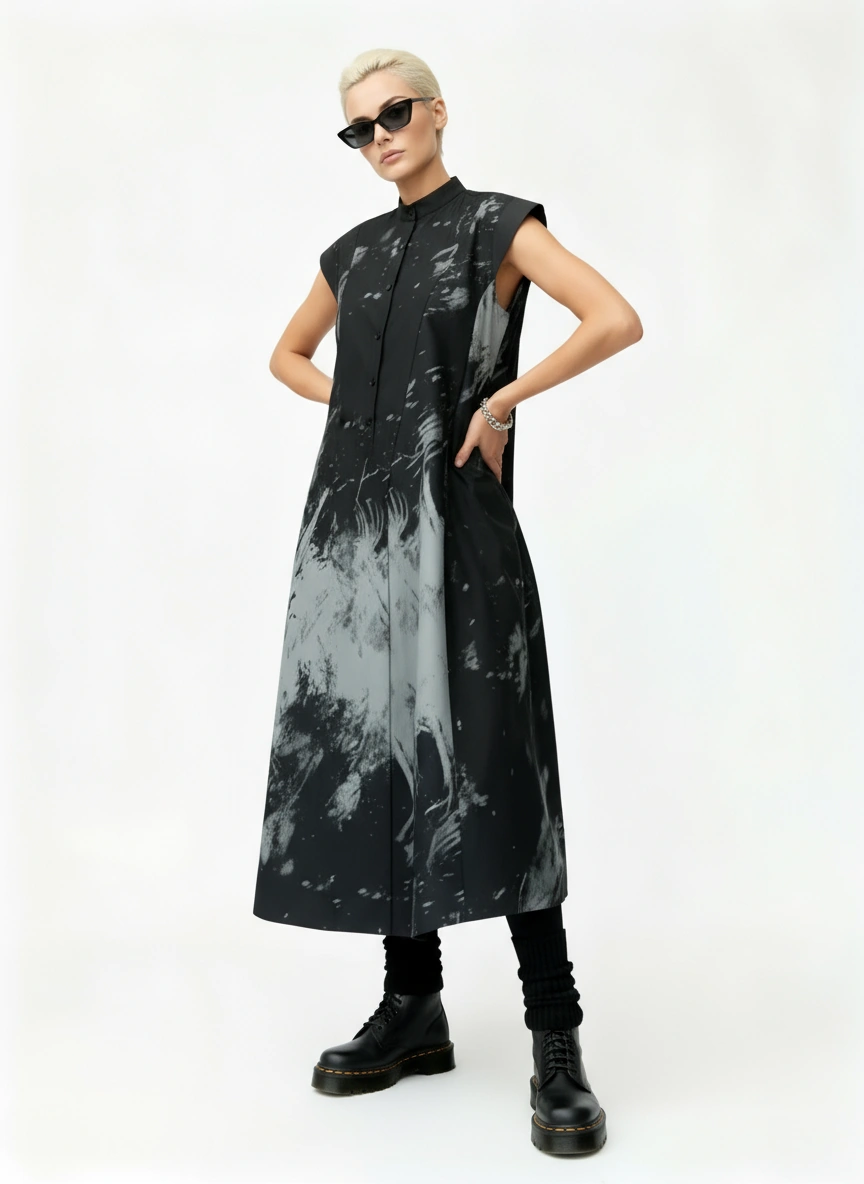 Gothic Sleeveless Tie-Dye Print Dress with Mandarin Collar-SimpleModerne
