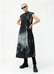 Gothic Sleeveless Tie-Dye Print Dress with Mandarin Collar-SimpleModerne