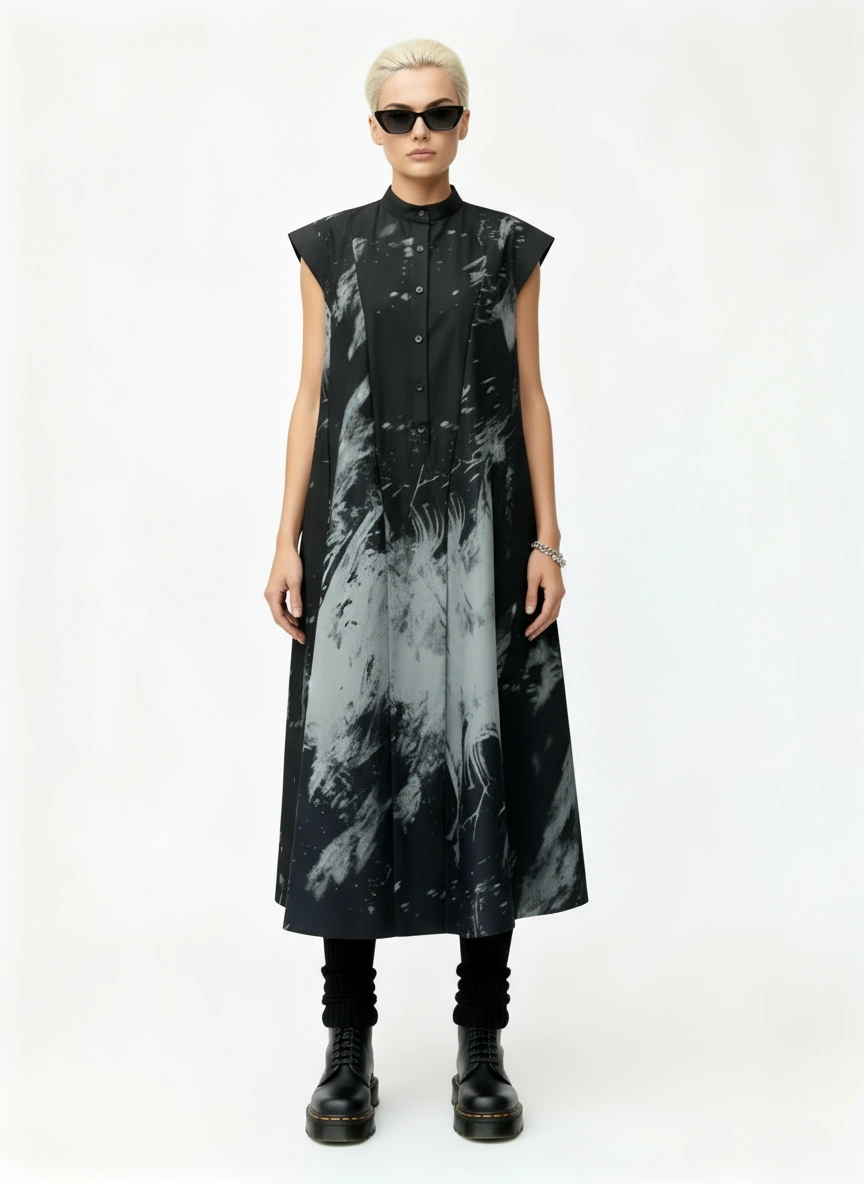 Gothic Sleeveless Tie-Dye Print Dress with Mandarin Collar-SimpleModerne