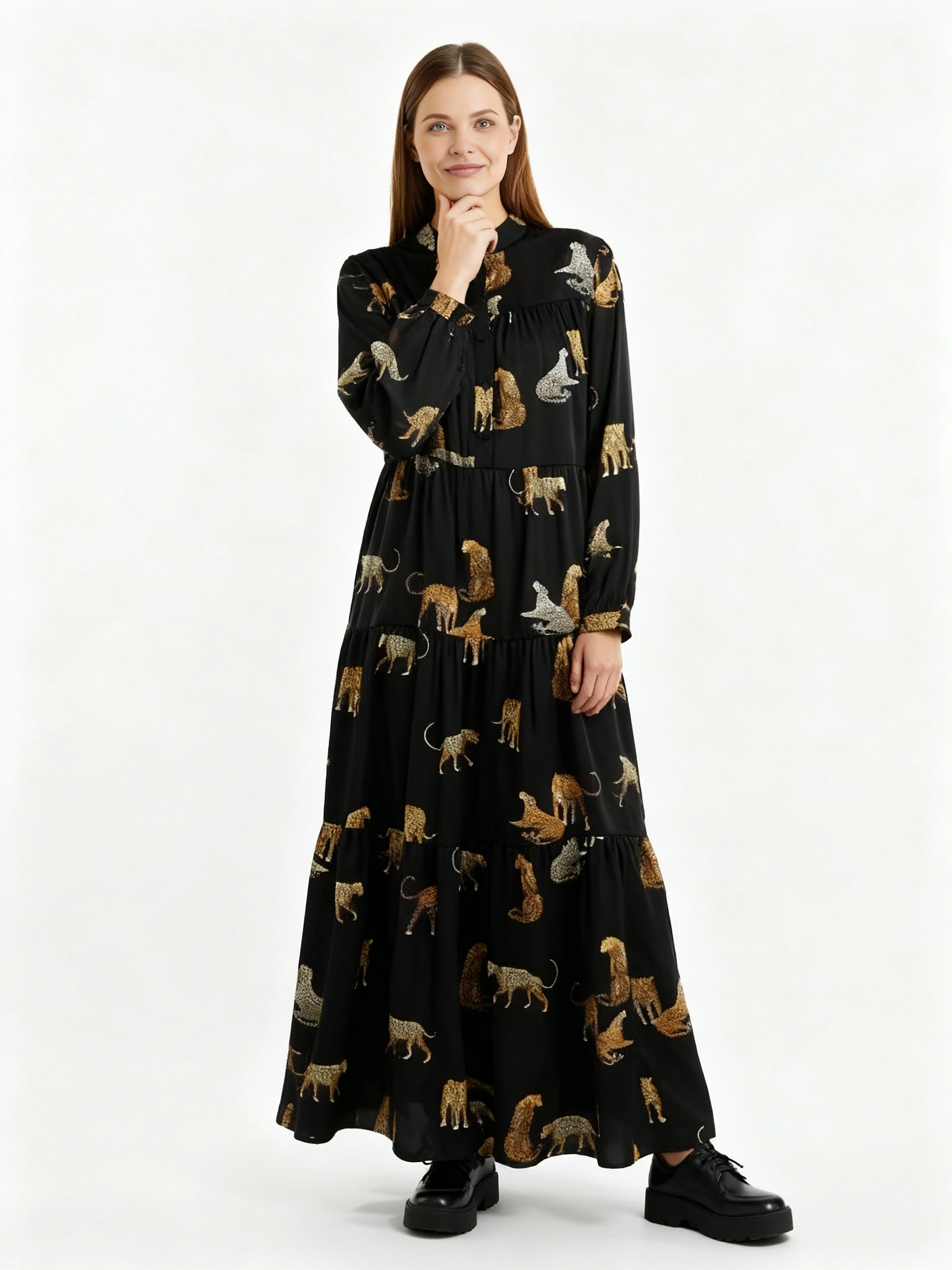 Tiered A-Line Maxi Dress with Jungle Cat Print-SimpleModerne