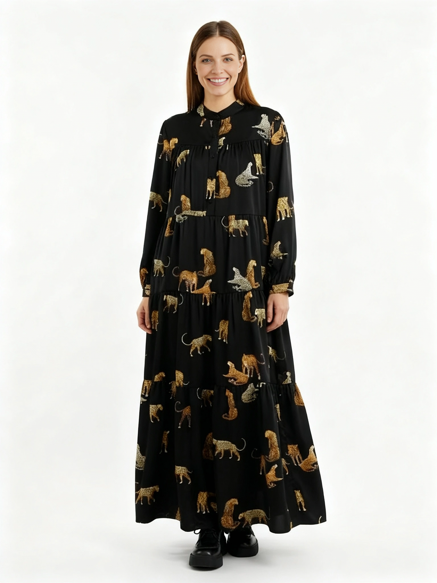 Tiered A-Line Maxi Dress with Jungle Cat Print-SimpleModerne