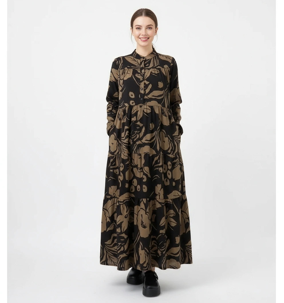 Loose Fit Black Shirt Dress with Abstract Brown Floral Print-SimpleModerne