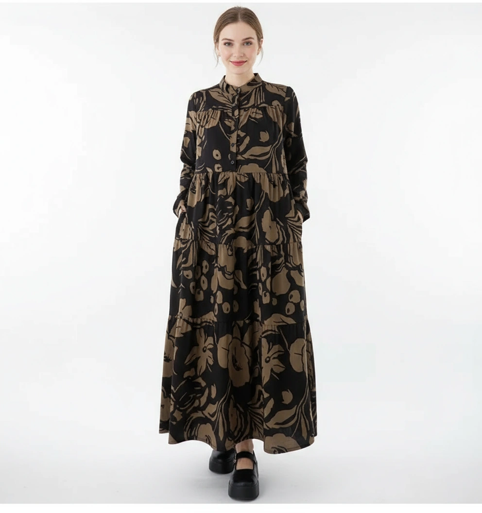 Loose Fit Black Shirt Dress with Abstract Brown Floral Print-SimpleModerne