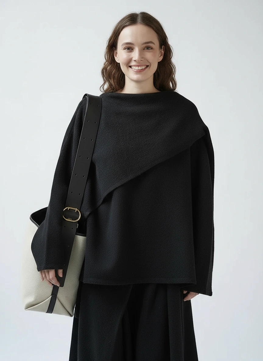 Asymmetrical Draped Black Pullover – Oversized Knit Top for Minimalist Looks-SimpleModerne