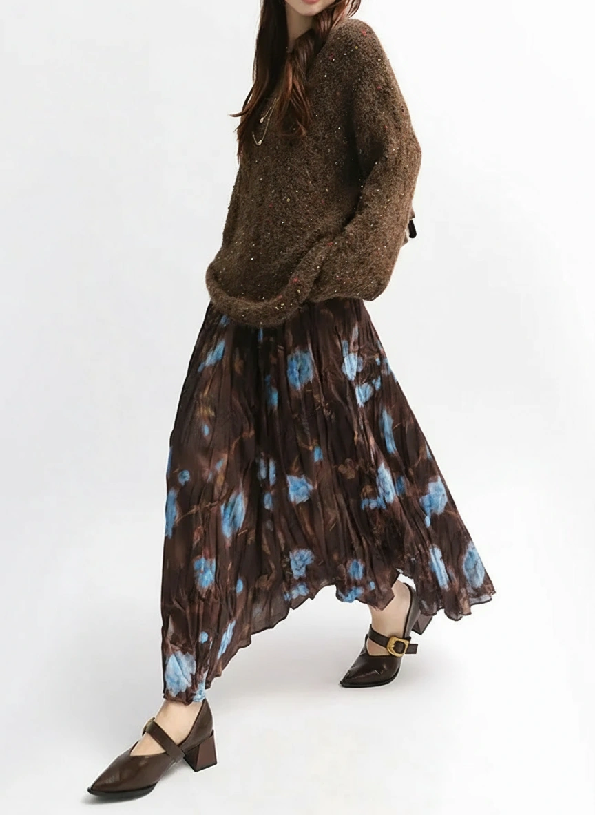 Midnight Bloom Pleated Maxi Skirt-SimpleModerne