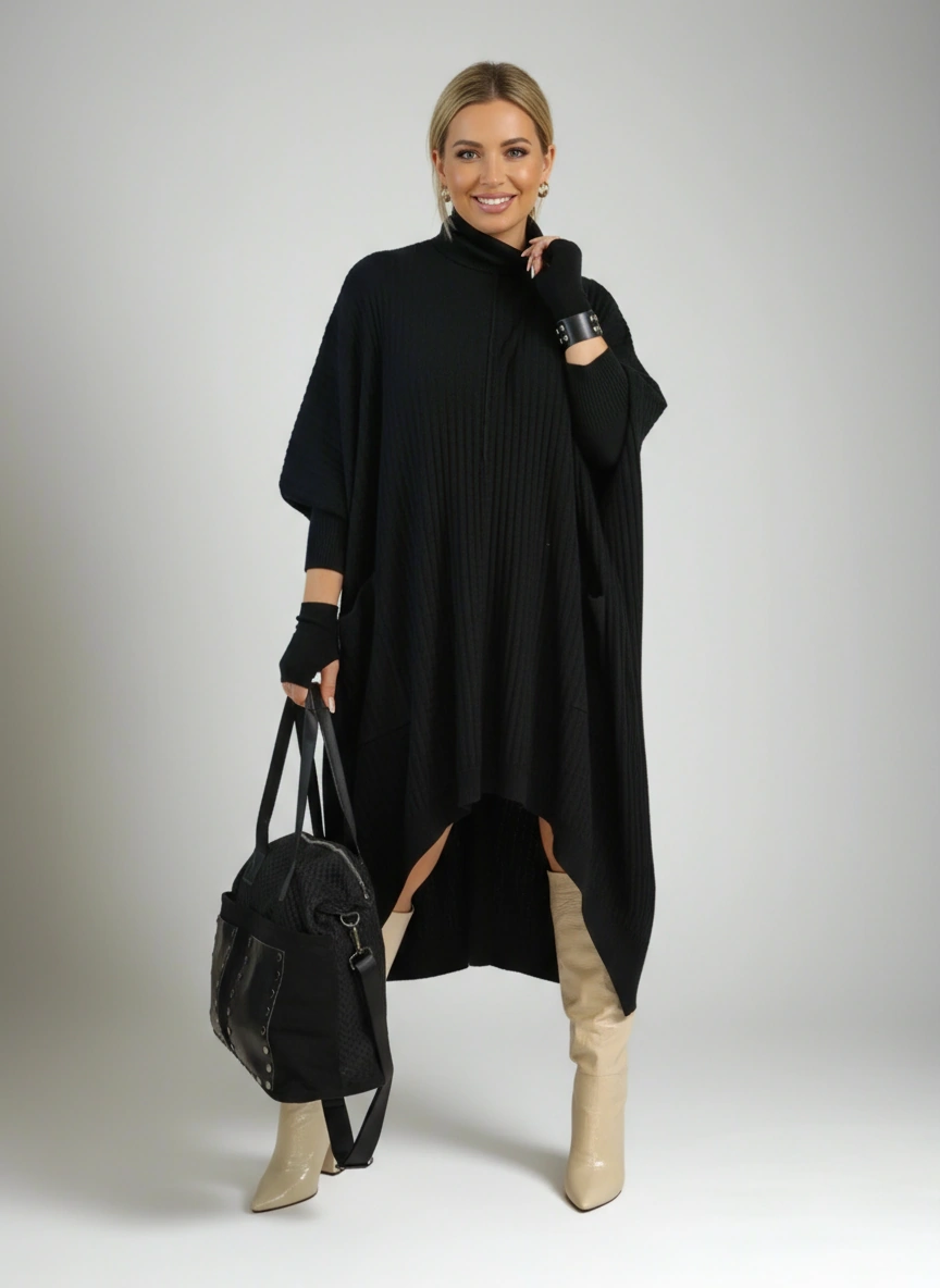 Asymmetrical Knitted Pullover Dress with Turtleneck-SimpleModerne