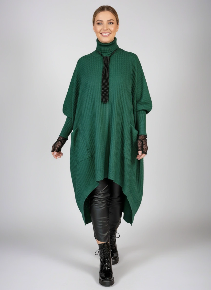 Asymmetrical Knitted Pullover Green Dress with Turtleneck-SimpleModerne