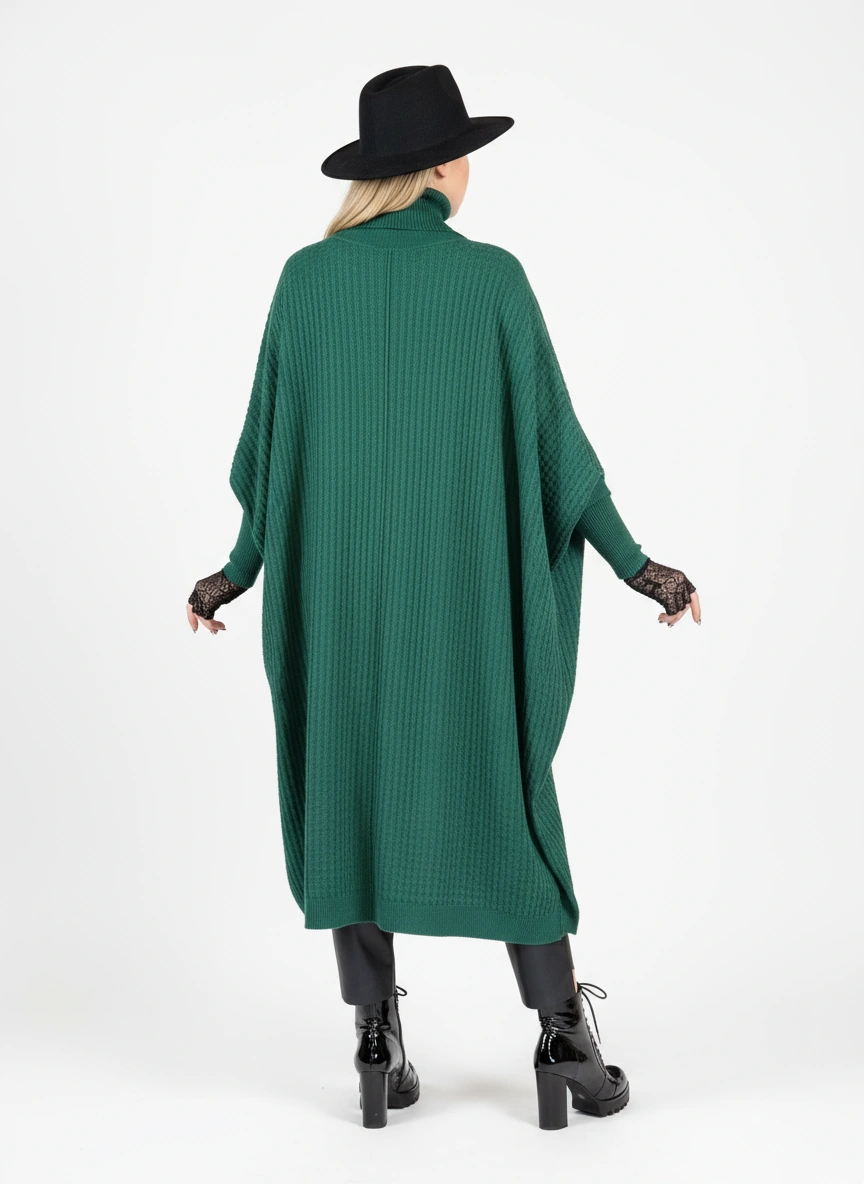 Asymmetrical Knitted Pullover Green Dress with Turtleneck-SimpleModerne