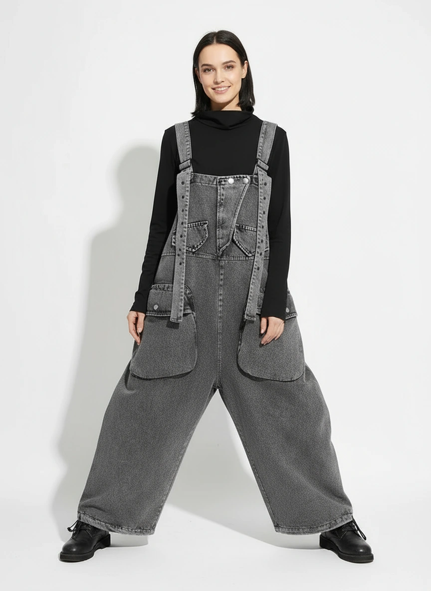 Street Punk Style Oversized Fit Vintage Denim Overalls-SimpleModerne