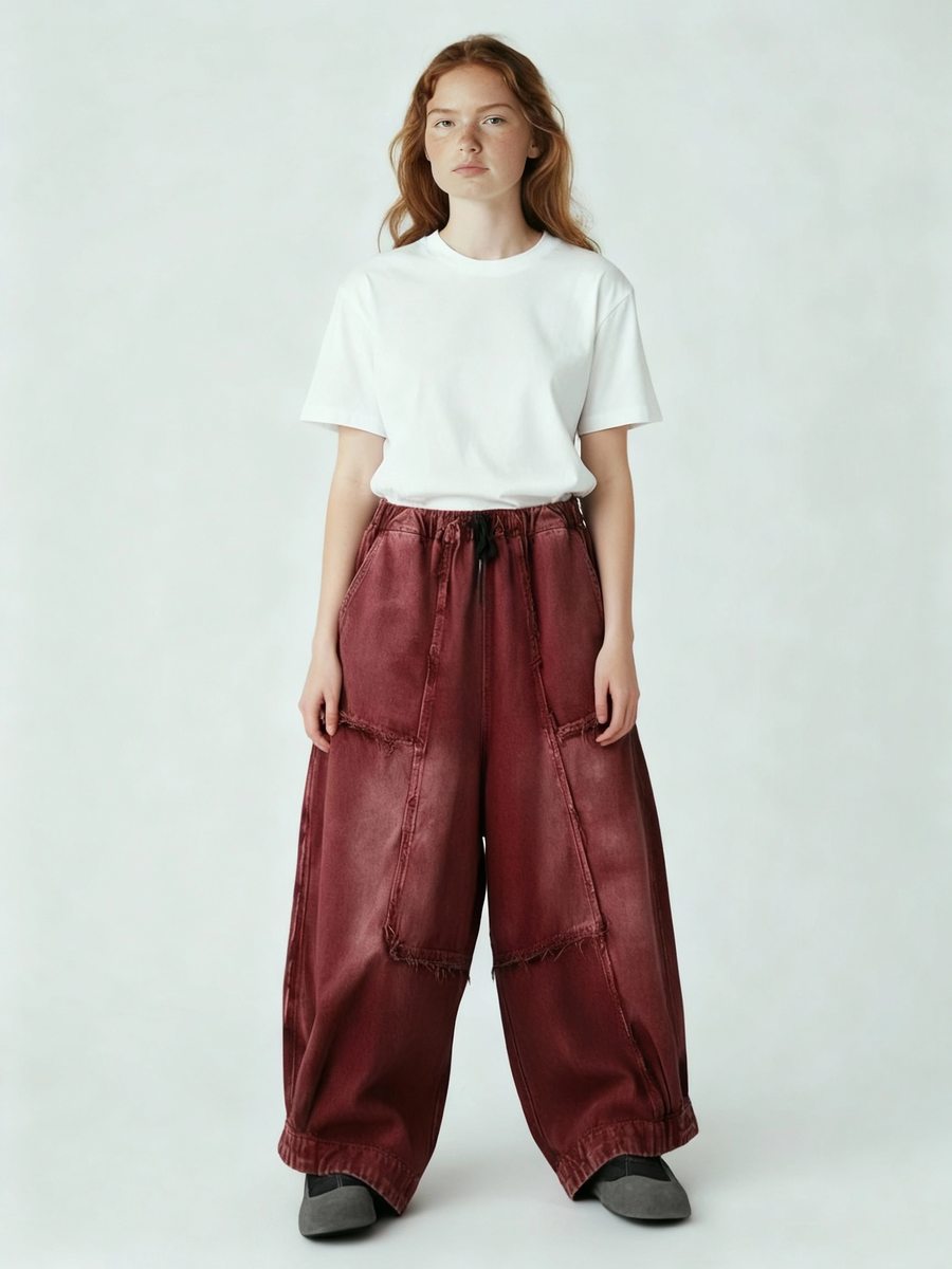 Vintage Washed Wide-Leg Denim — Brick Red-SimpleModerne
