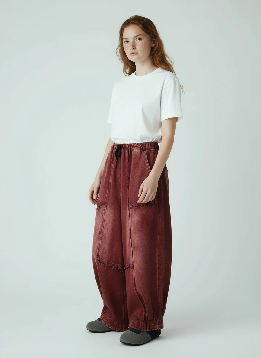 Vintage Washed Wide-Leg Denim — Brick Red-SimpleModerne