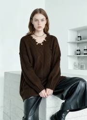 Distressed Knit Sweater — Black / Coffee Brown-SimpleModerne