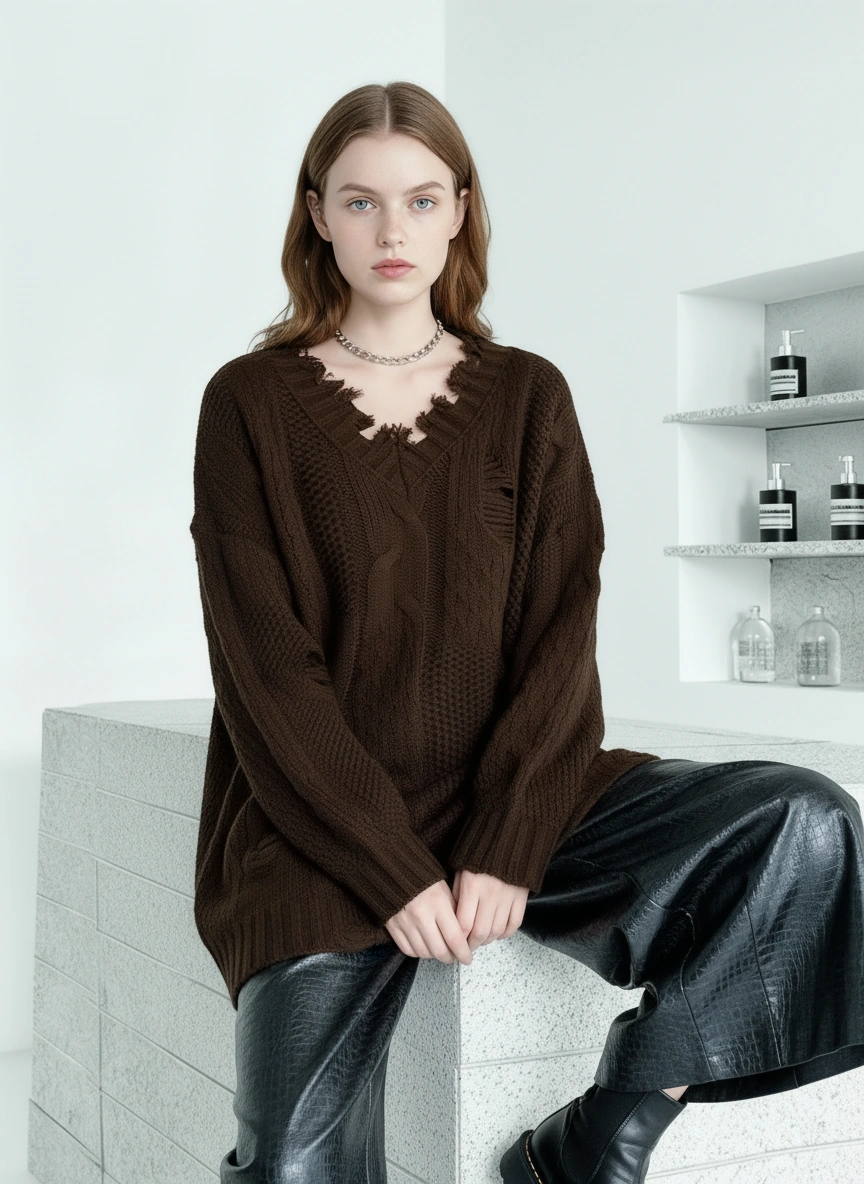 Distressed Knit Sweater — Black / Coffee Brown-SimpleModerne