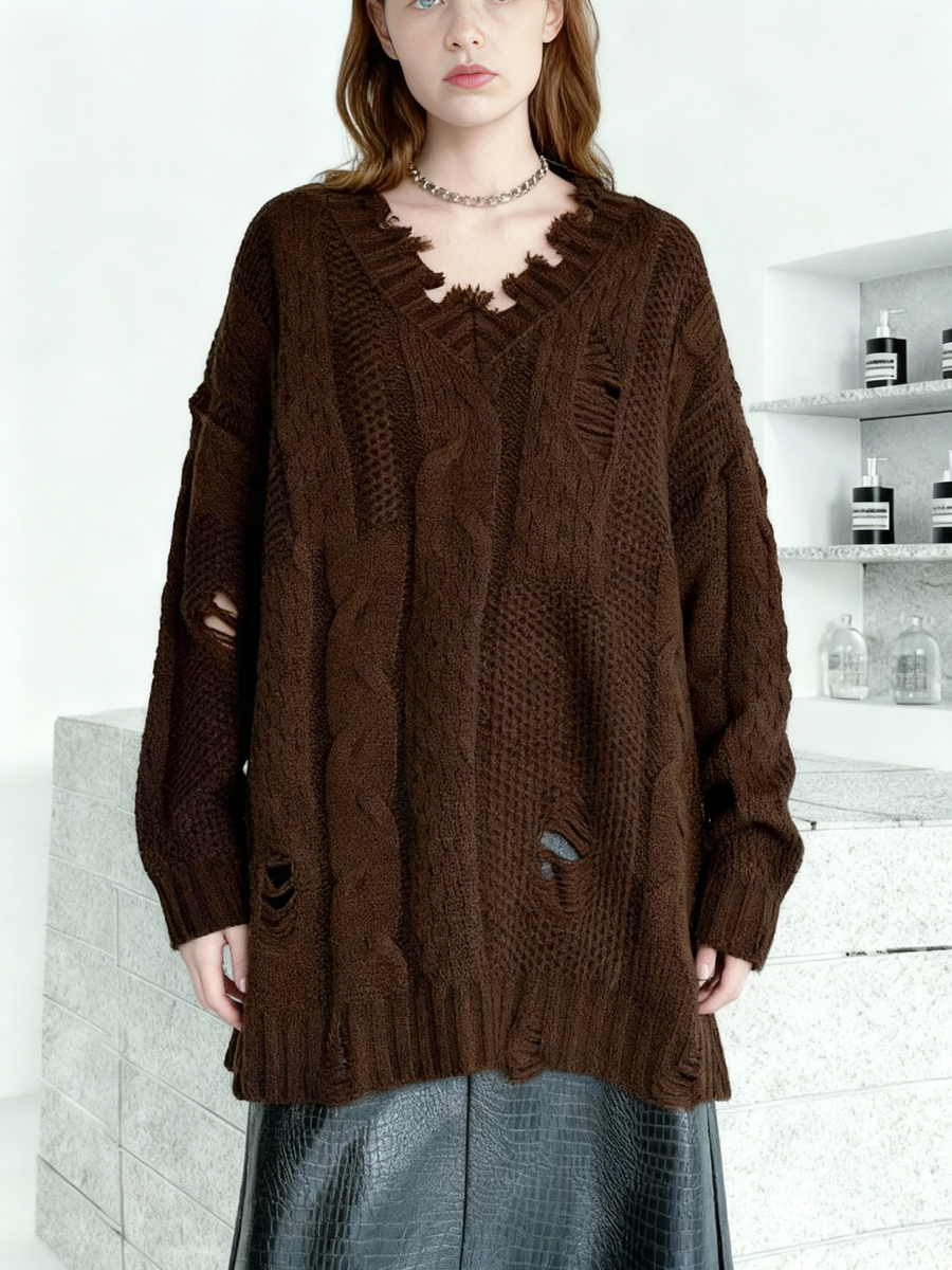 Distressed Knit Sweater — Black / Coffee Brown-SimpleModerne