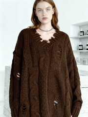 Distressed Knit Sweater — Black / Coffee Brown-SimpleModerne