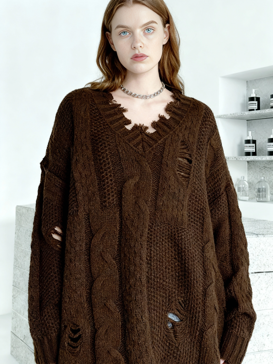 Distressed Knit Sweater — Black / Coffee Brown-SimpleModerne