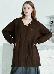 Distressed Knit Sweater — Black / Coffee Brown-SimpleModerne