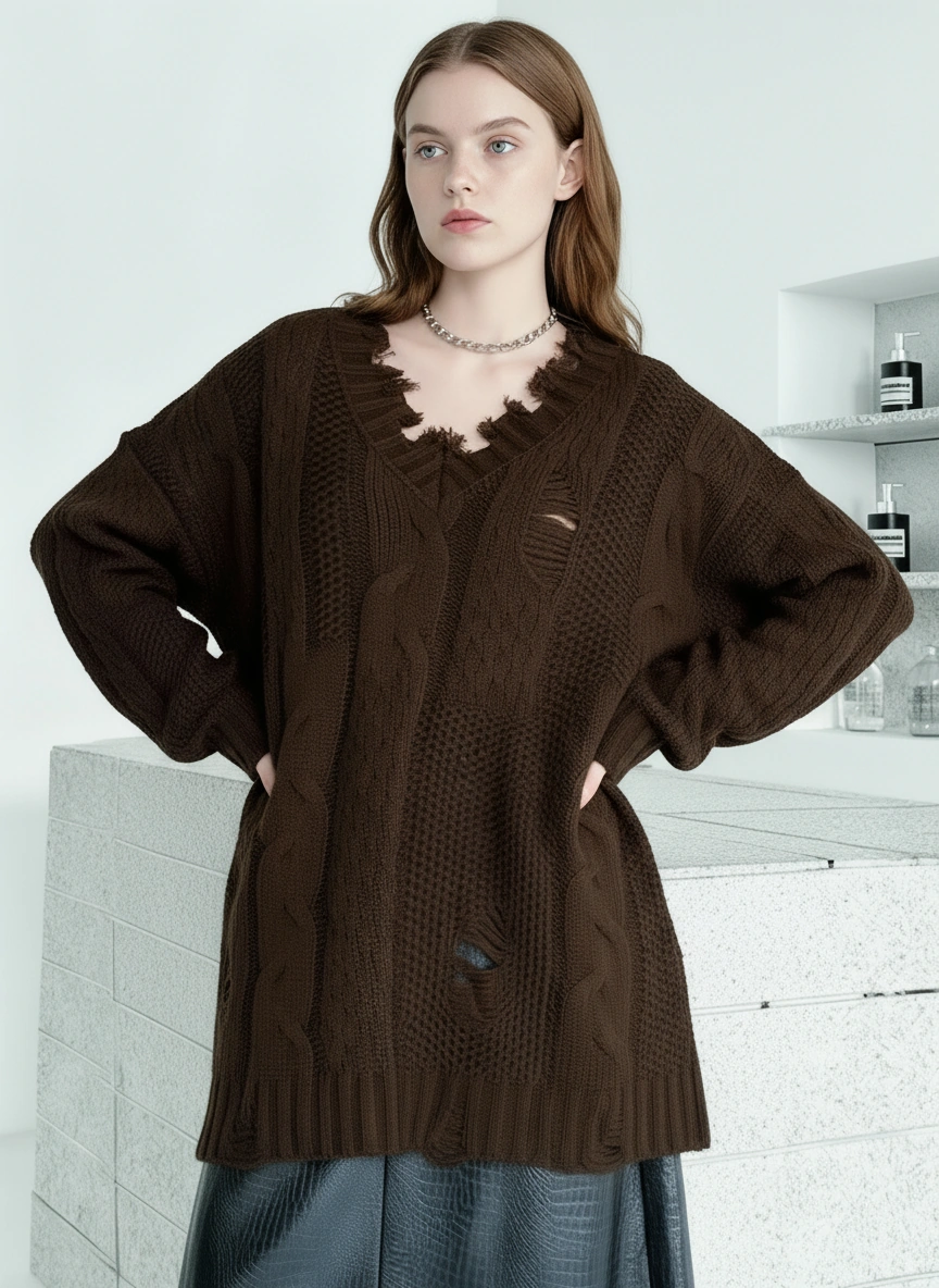 Distressed Knit Sweater — Black / Coffee Brown-SimpleModerne