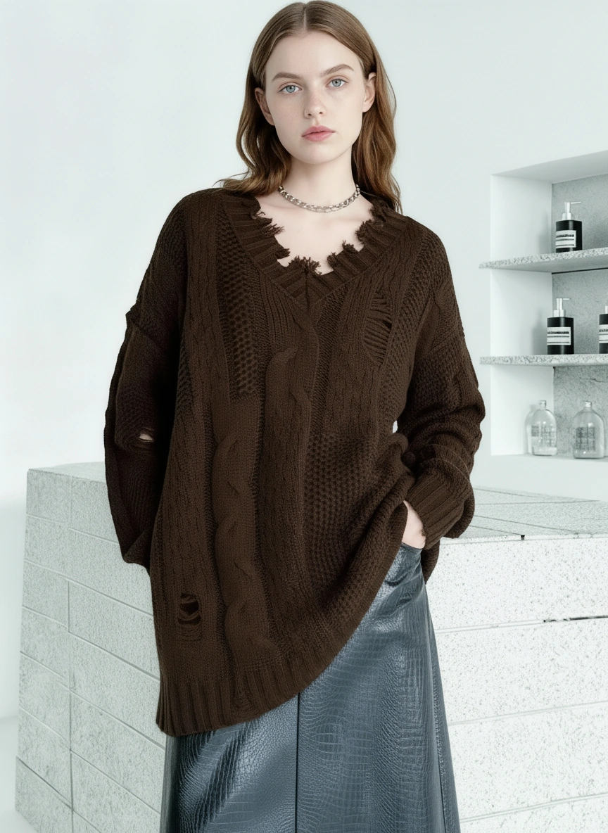 Distressed Knit Sweater — Black / Coffee Brown-SimpleModerne