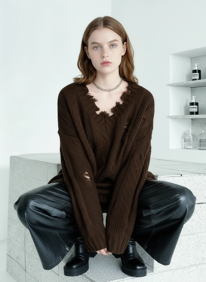 Distressed Knit Sweater — Black / Coffee Brown-SimpleModerne