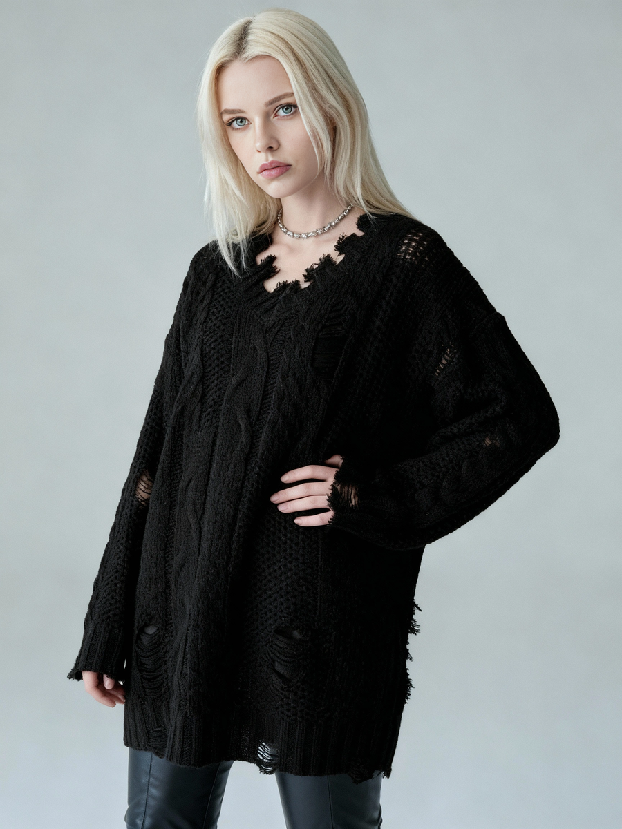 Distressed Knit Sweater — Black / Coffee Brown-SimpleModerne