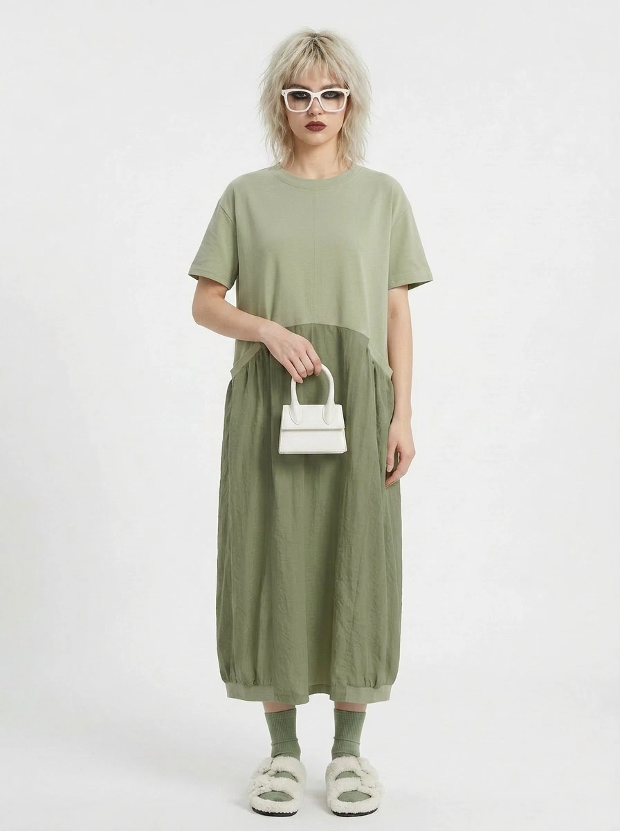 Minimalist Casual Midi Dress – Oversized Cotton Blend in Olive Green – SimpleModerne