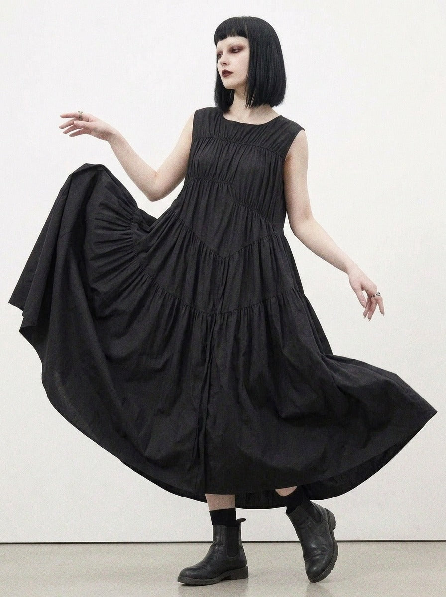 Simple Moderne Black Asymmetrical Gathered Dress – Casual Minimal Goth Midi Statement Piece