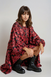 Red Floral Lantern Sleeve Asymmetrical Winter Dress – High-Low Pullover Style-SimpleModerne
